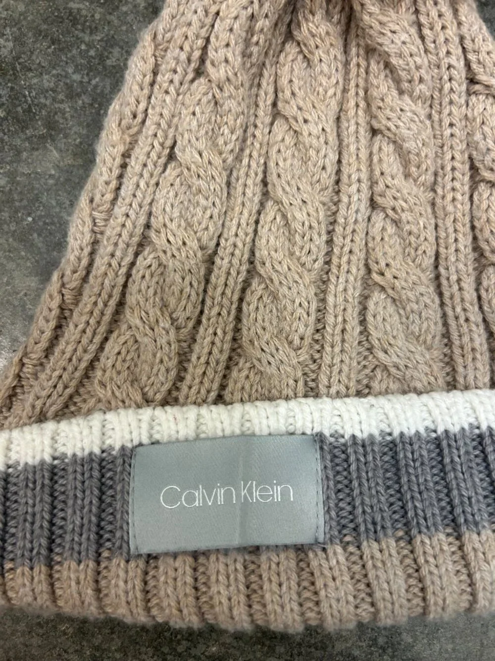 Calvin Klein Tan Knit Pom Pom Beanie Gray White Stripe Foldover One Size Winter